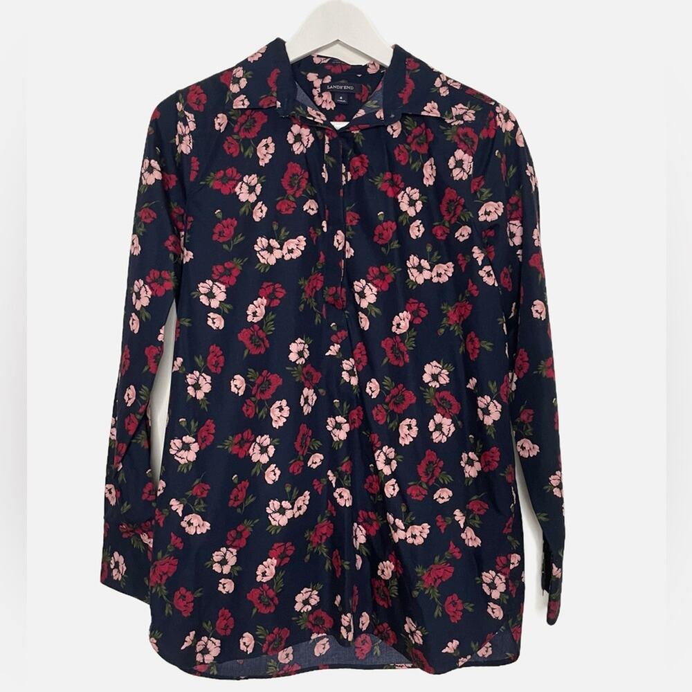 Lands' End floral navy tunic size 6 casual long sleeve blouse